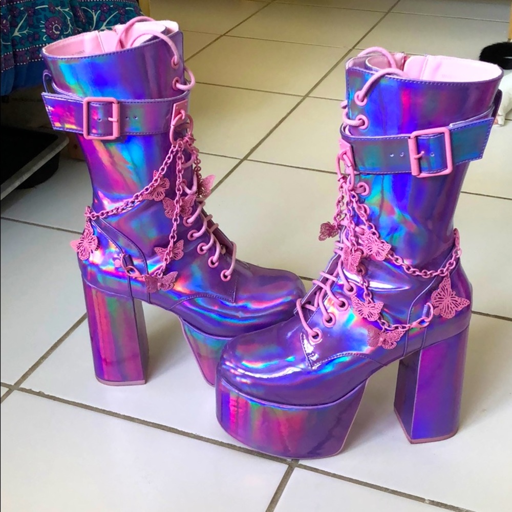 Purple iridescent platform boots